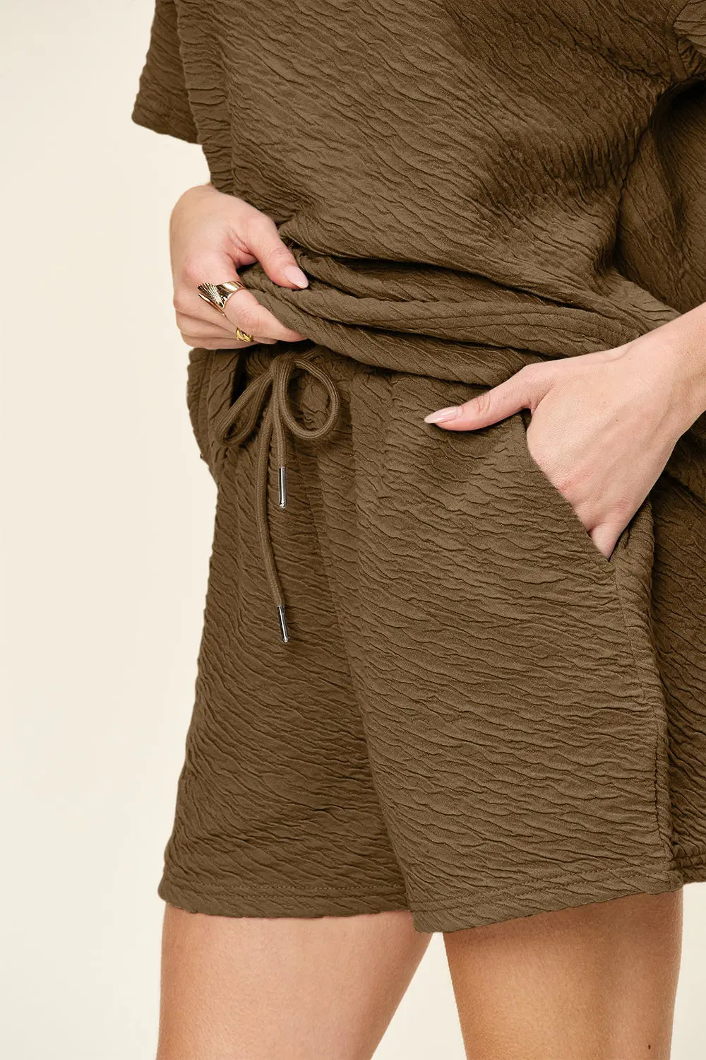Double Take Textured Tee & Drawstring Shorts Set - Whispering Desires Shoppe