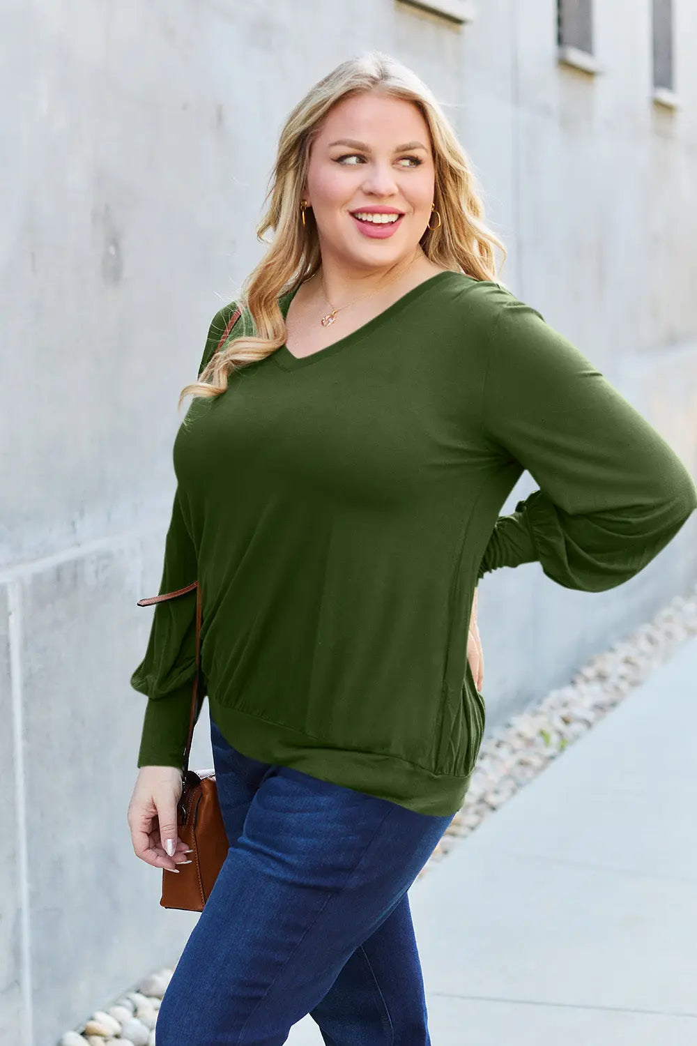 Basic Bae V-Neck Lantern Sleeve Top — Full Sizes - Whispering Desires Shoppe
