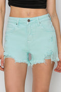 RISEN Mid-Rise Frayed Hem Stretch Denim Shorts - Whispering Desires Shoppe
