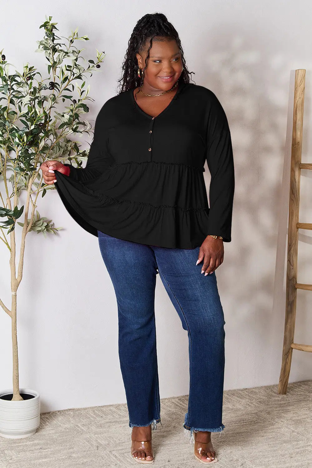 Double Take Ruffle-Hem Button Blouse - Whispering Desires Shoppe