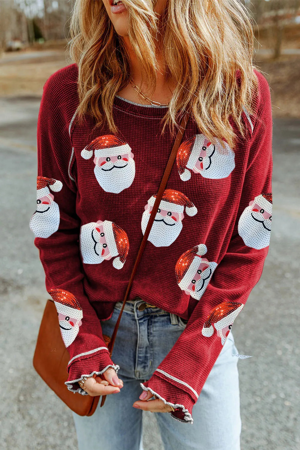 Sequin Santa Round Neck Long Sleeve Blouse - Whispering Desires Shoppe