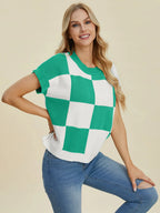 Double Take Checkered Round-Neck Short-Sleeve Sweater - Whispering Desires Shoppe