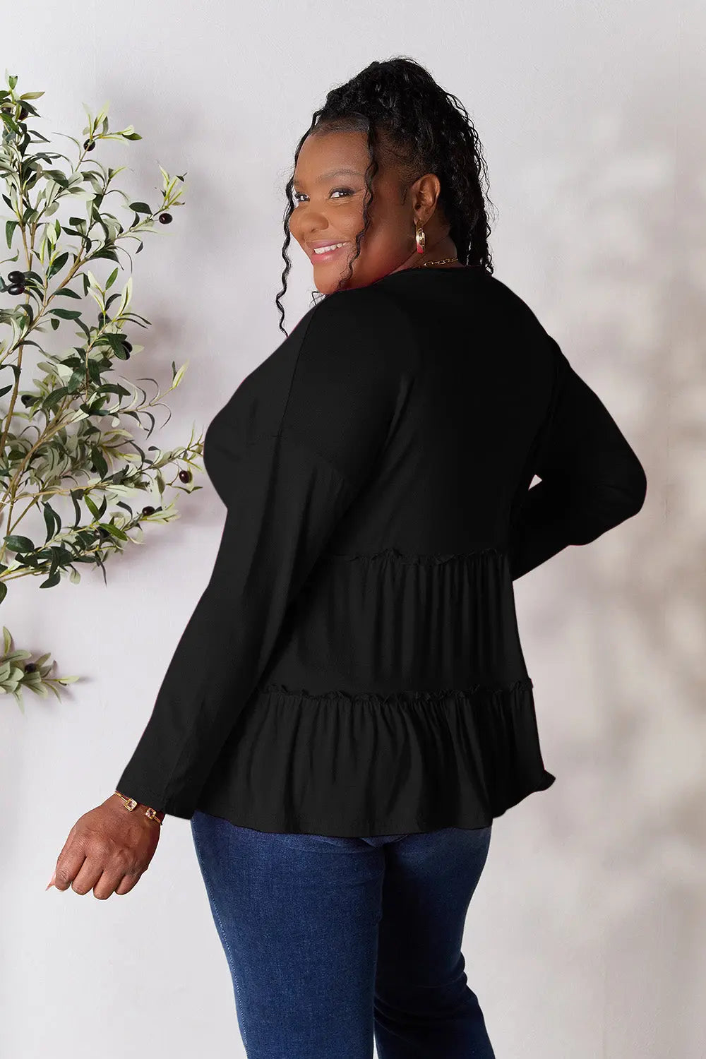 Double Take Ruffle-Hem Button Blouse - Whispering Desires Shoppe