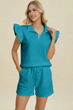 Double Take Flounce Sleeve Top & Drawstring Shorts - Whispering Desires Shoppe
