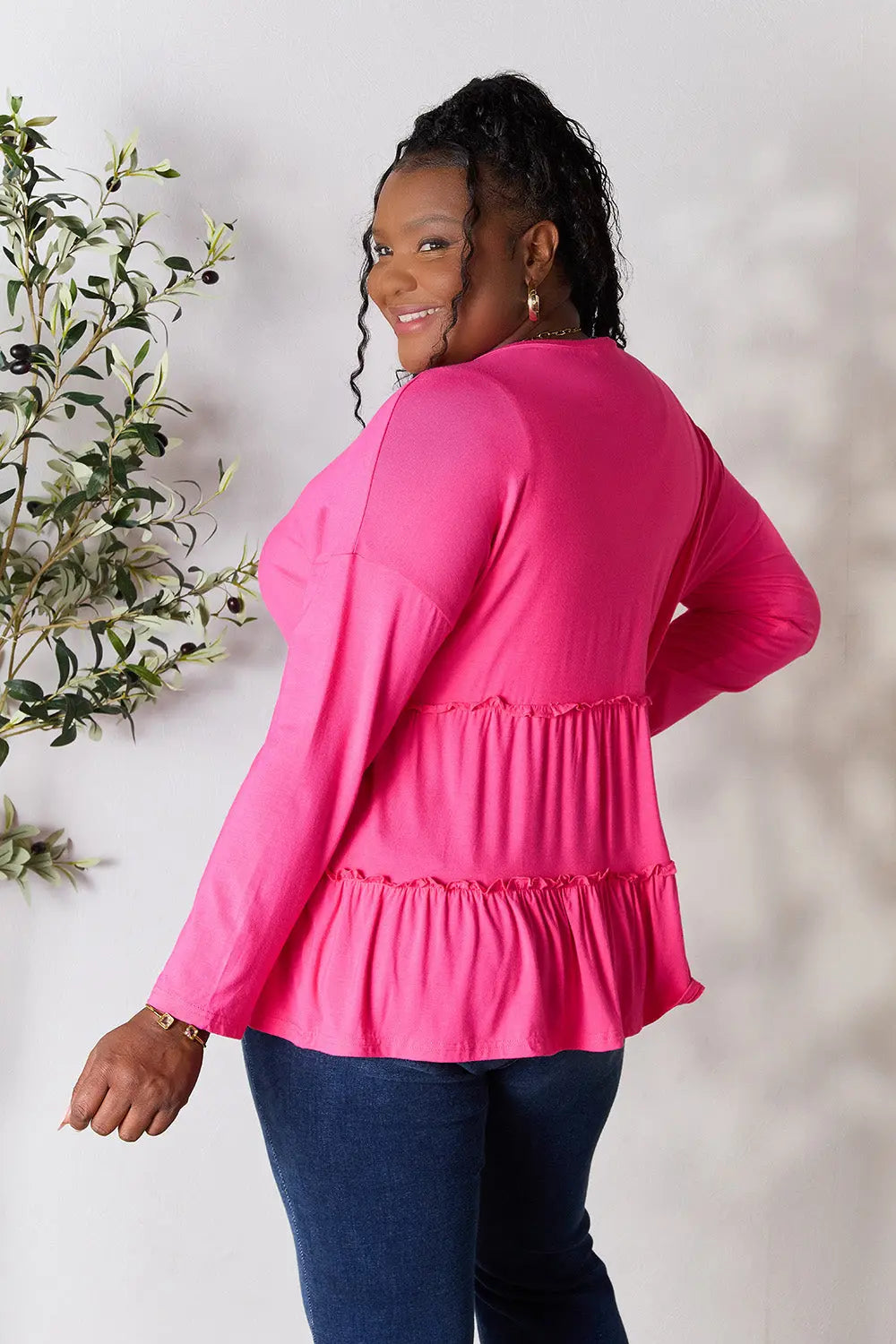 Double Take Ruffle-Hem Button Blouse - Whispering Desires Shoppe