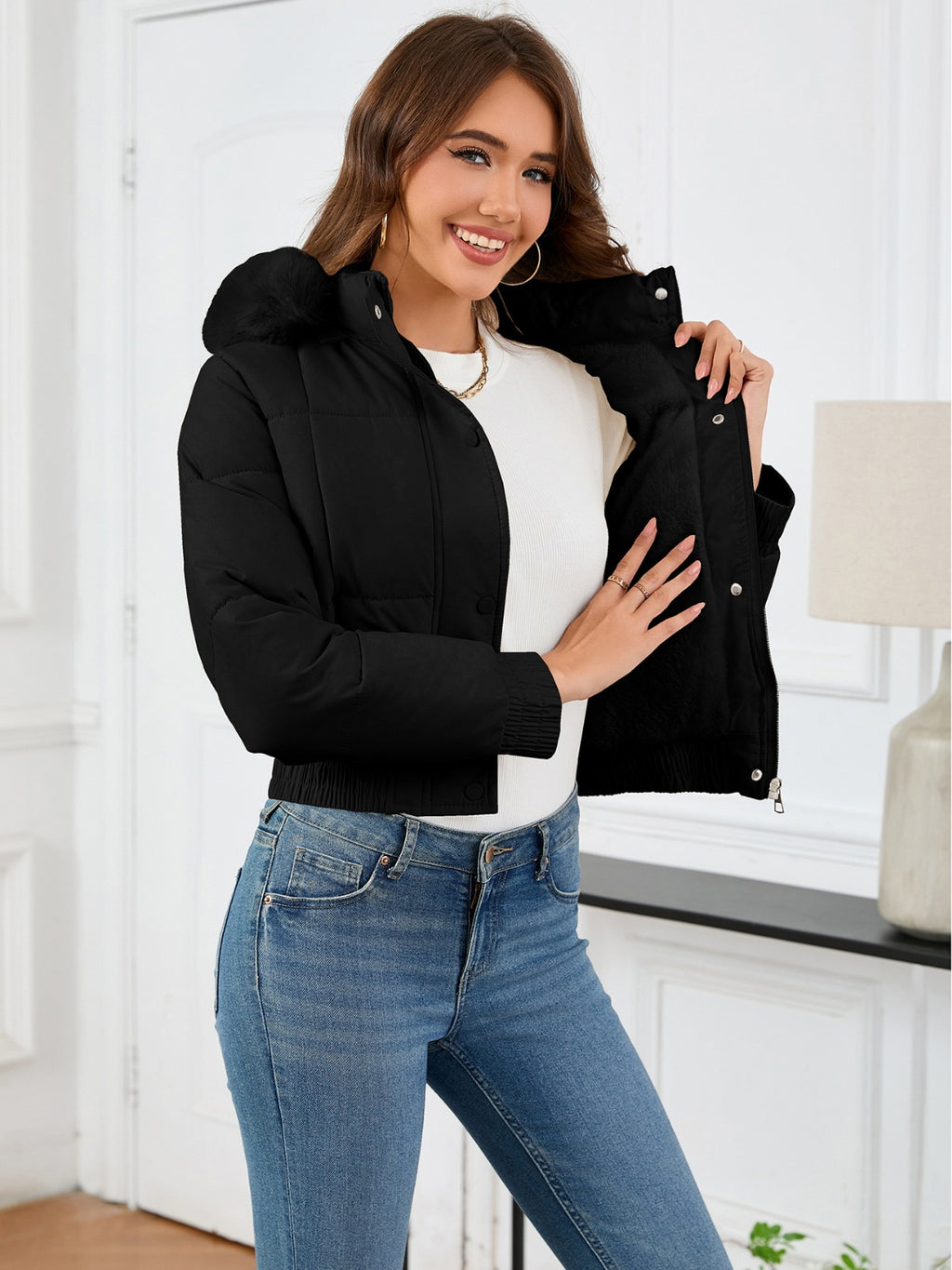 Pocketed Long Sleeve Cropped Hooded Winter Coat - Whispering Desires Shoppe