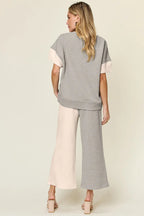 Double Take Texture Contrast Two-Piece Set — Wide Leg - Whispering Desires Shoppe