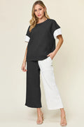 Double Take Texture Contrast Two-Piece Set — Wide Leg - Whispering Desires Shoppe