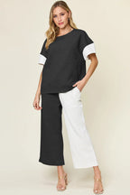 Double Take Texture Contrast Two-Piece Set — Wide Leg - Whispering Desires Shoppe