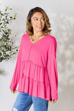 Double Take Ruffle-Hem Button Blouse - Whispering Desires Shoppe
