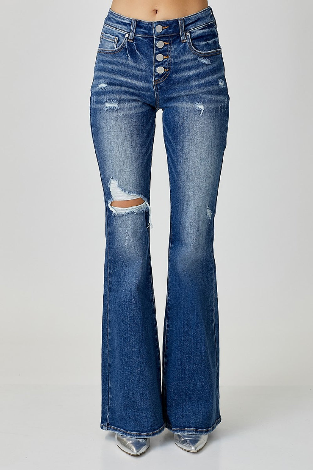RISEN Distressed Button-Fly Flare Jeans - Whispering Desires Shoppe