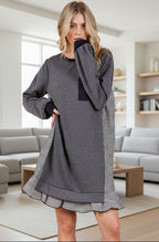 Ces Femme Striped Patchwork Round Neck Terry Sweatshirt Dress - Whispering Desires Shoppe