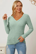 Basic Bae Ribbed V-Neck Long Sleeve Tee - Whispering Desires Shoppe