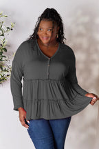 Double Take Ruffle-Hem Button Blouse - Whispering Desires Shoppe
