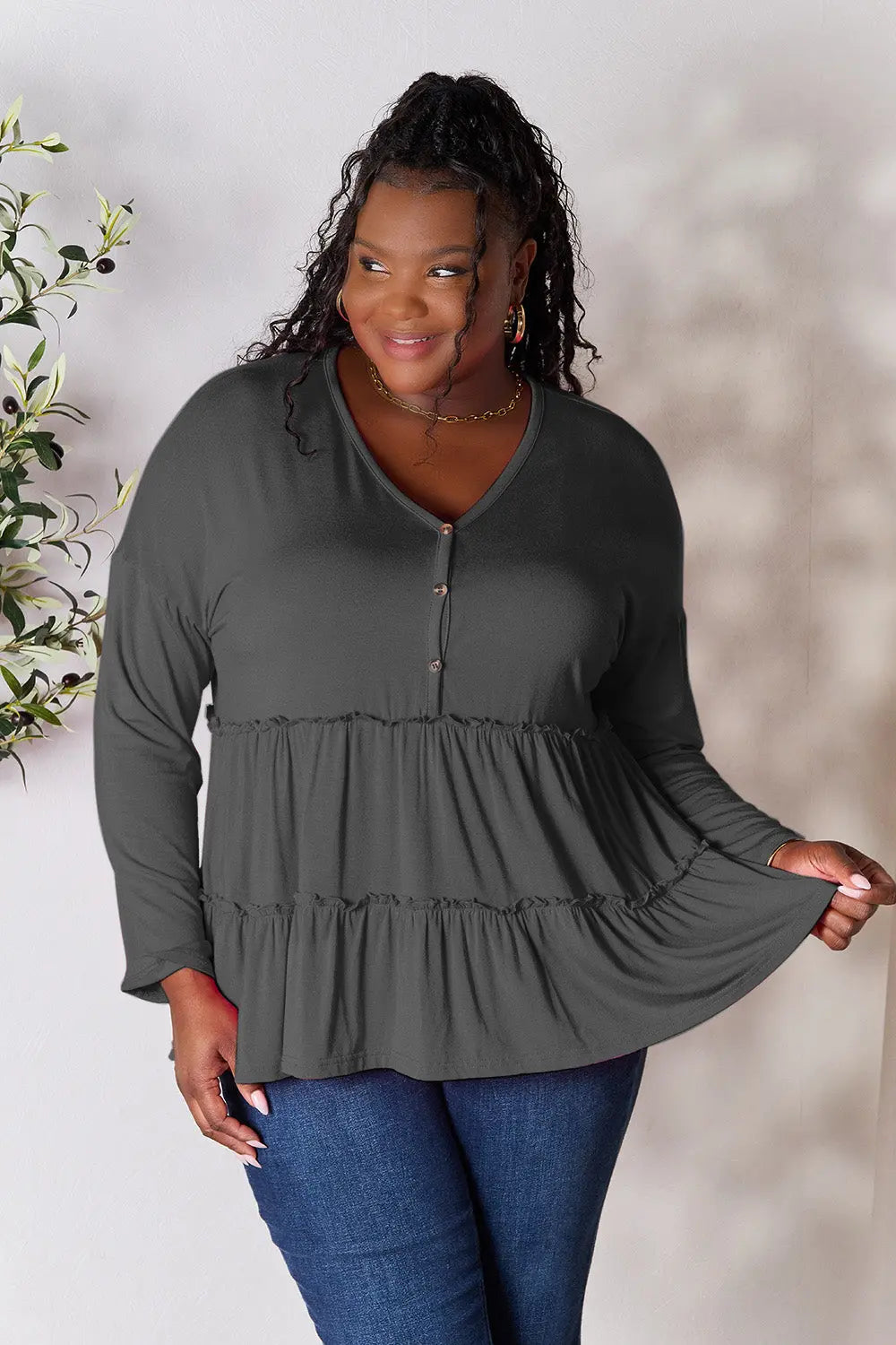 Double Take Ruffle-Hem Button Blouse - Whispering Desires Shoppe