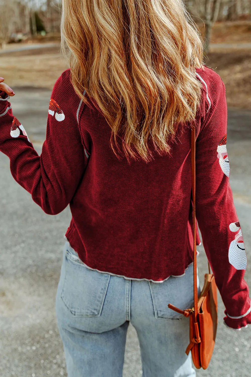 Sequin Santa Round Neck Long Sleeve Blouse - Whispering Desires Shoppe
