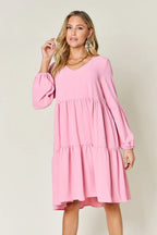 Double Take V-Neck Balloon Sleeve Tiered Dress w/ Pockets - Whispering Desires Shoppe