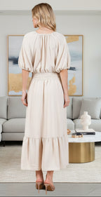 Ces Femme Smocked Elastic Waist Tie Neck Puff Sleeve Dress - Whispering Desires Shoppe