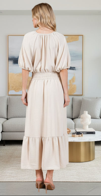 Ces Femme Smocked Elastic Waist Tie Neck Puff Sleeve Dress - Whispering Desires Shoppe