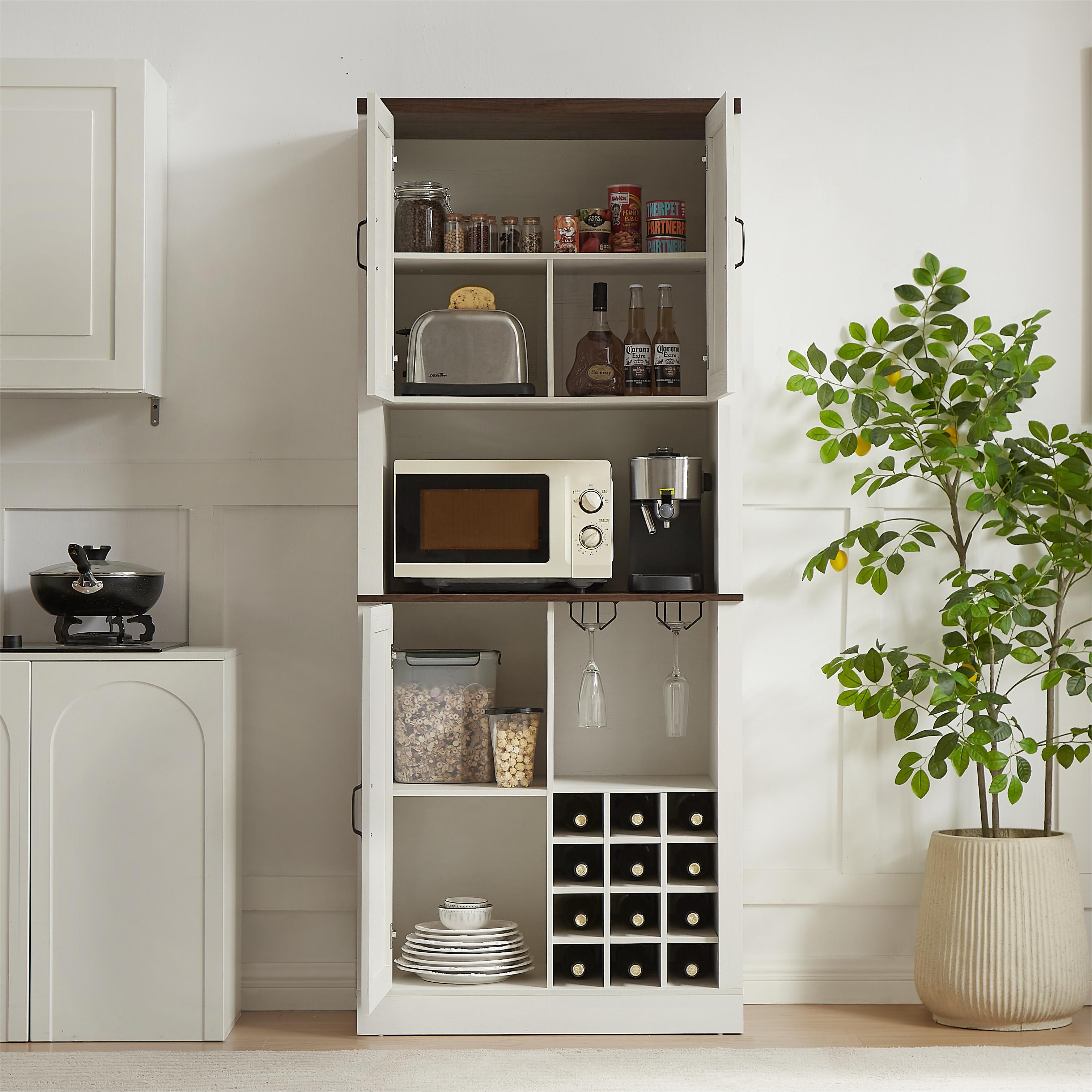 76 Inch Tall Farmhouse Kitchen Faux Rattan Wine Cabinet, Kitchen Bar Cabinet with Square Compartments and Shelves eprolo
