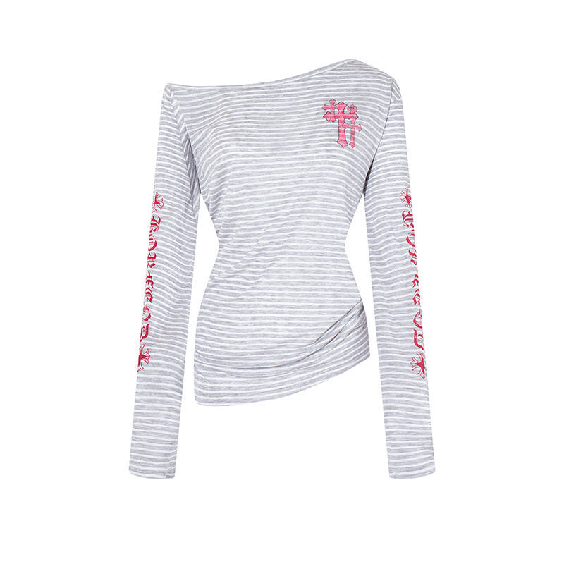 Stripe Graffiti Off-Shoulder Long Sleeve T-Shirt Women's Casual Edgy Style Top