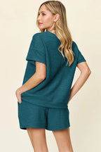 Double Take Textured Tee & Drawstring Shorts Set - Whispering Desires Shoppe