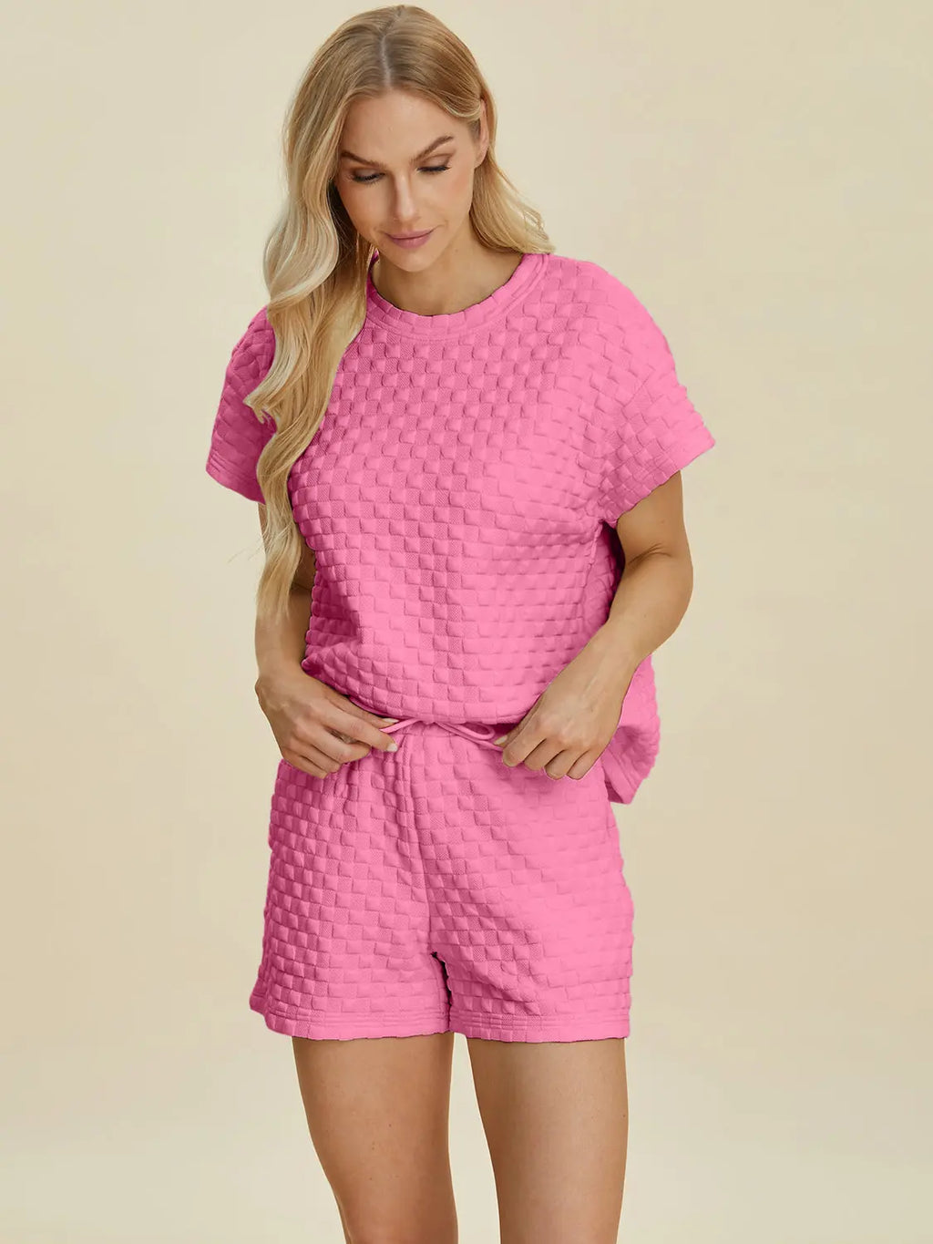 Double Take Textured T-Shirt & Drawstring Shorts Set - Whispering Desires Shoppe