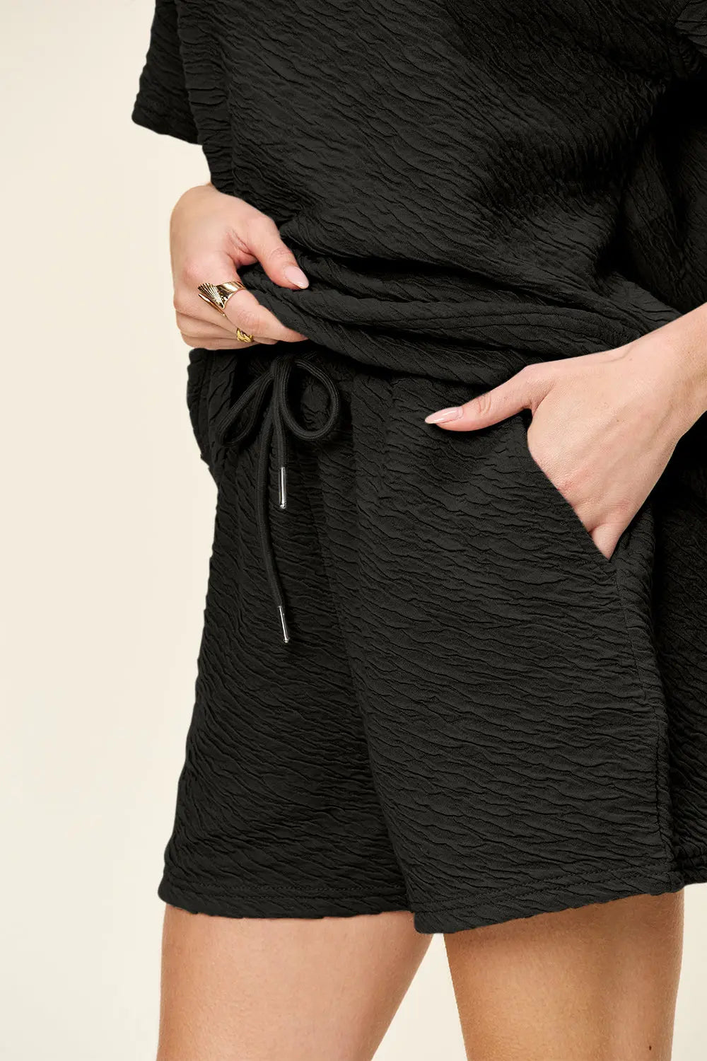 Double Take Textured Tee & Drawstring Shorts Set - Whispering Desires Shoppe
