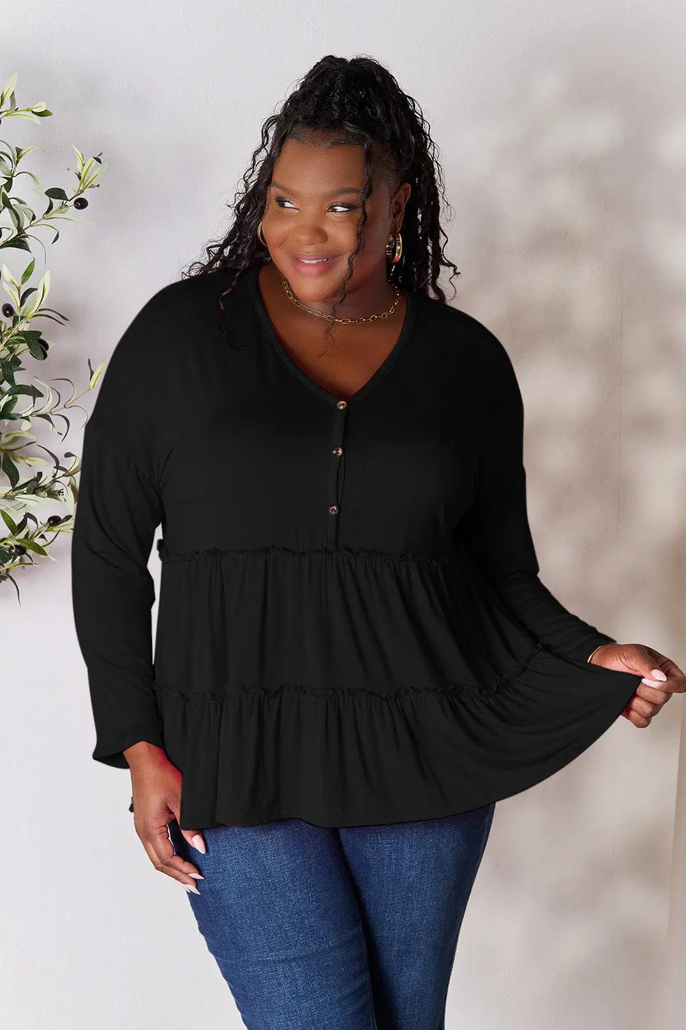 Double Take Ruffle-Hem Button Blouse - Whispering Desires Shoppe