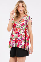 Mittoshop Floral V-Neck Ruffled Cap Sleeve Blouse - Whispering Desires Shoppe