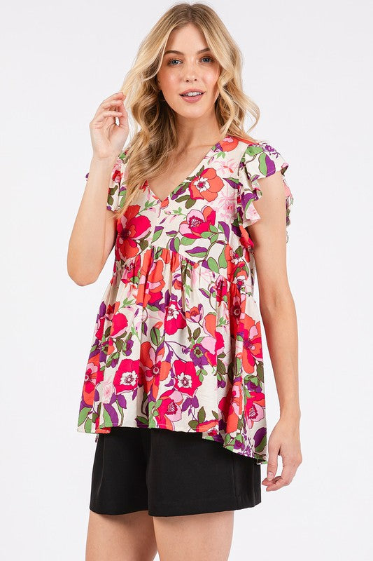 Mittoshop Floral V-Neck Ruffled Cap Sleeve Blouse - Whispering Desires Shoppe