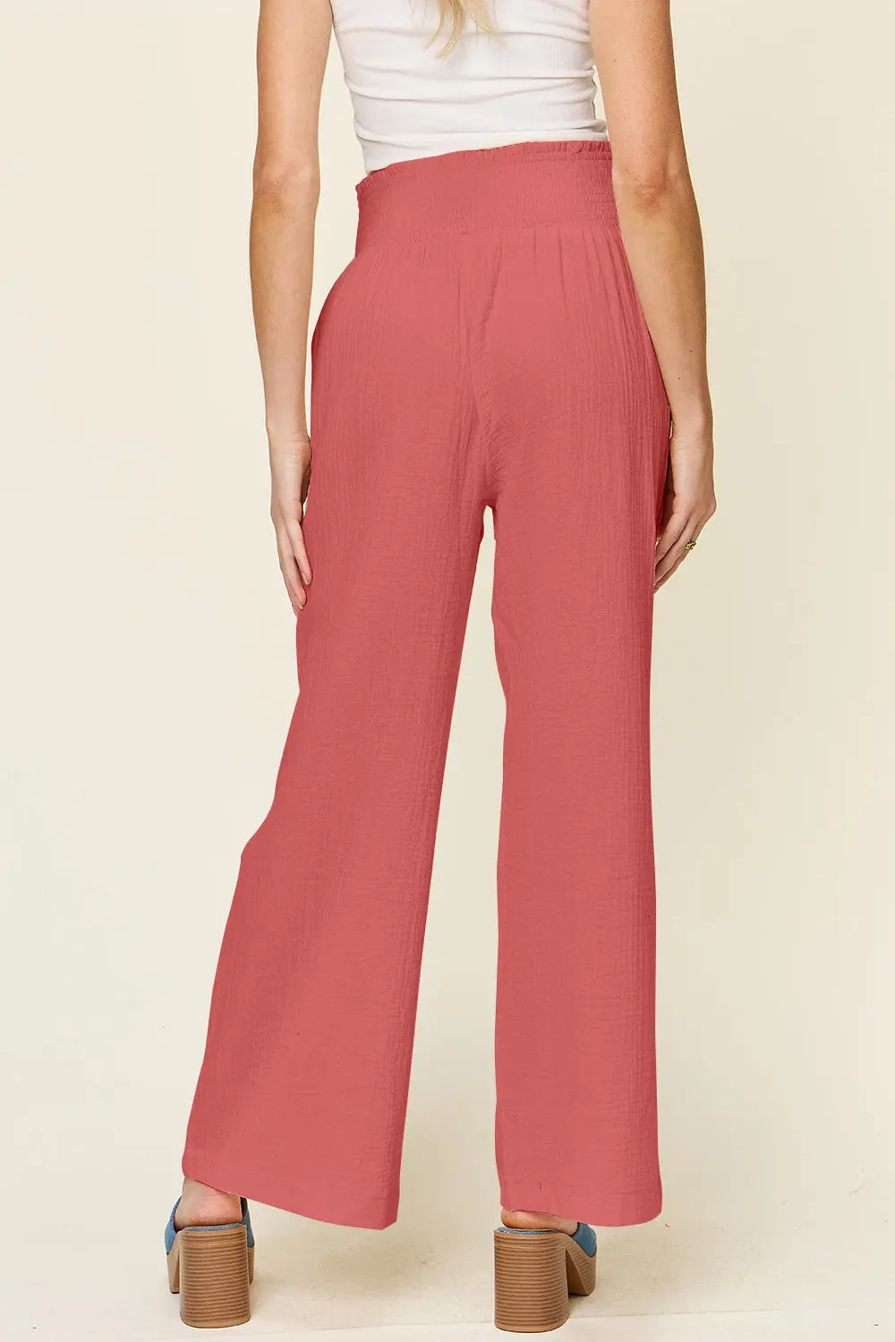 Double Take Smocked-Waist Wide-Leg Cotton Pants - Whispering Desires Shoppe