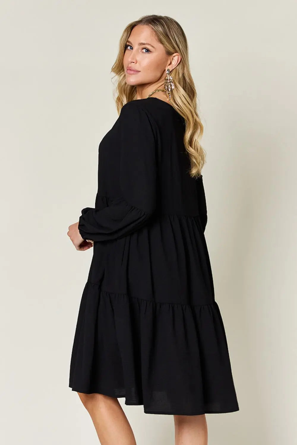 Double Take V-Neck Balloon Sleeve Tiered Dress w/ Pockets - Whispering Desires Shoppe