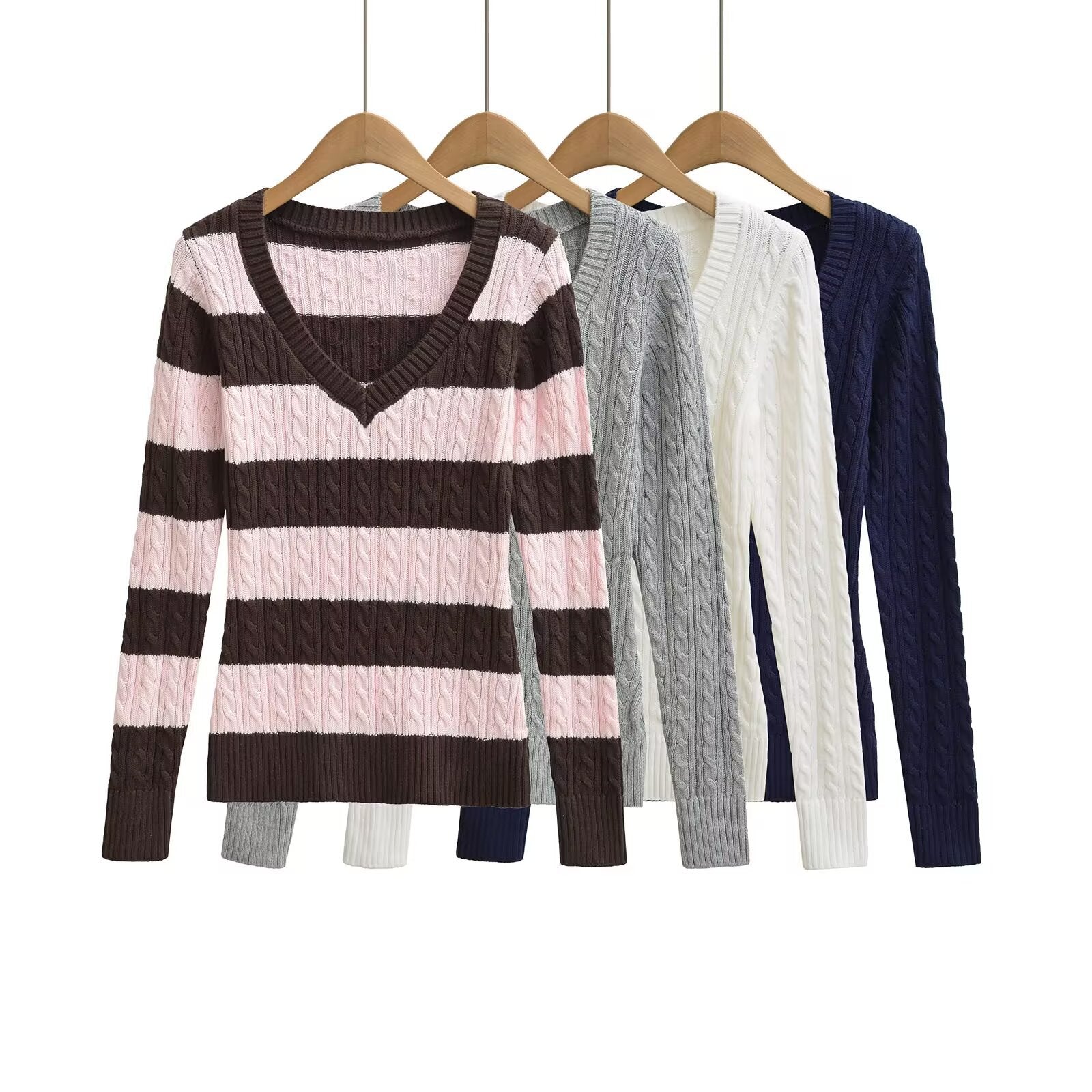 Slim fit V-neck striped Fried Dough Twists long sleeve sweater