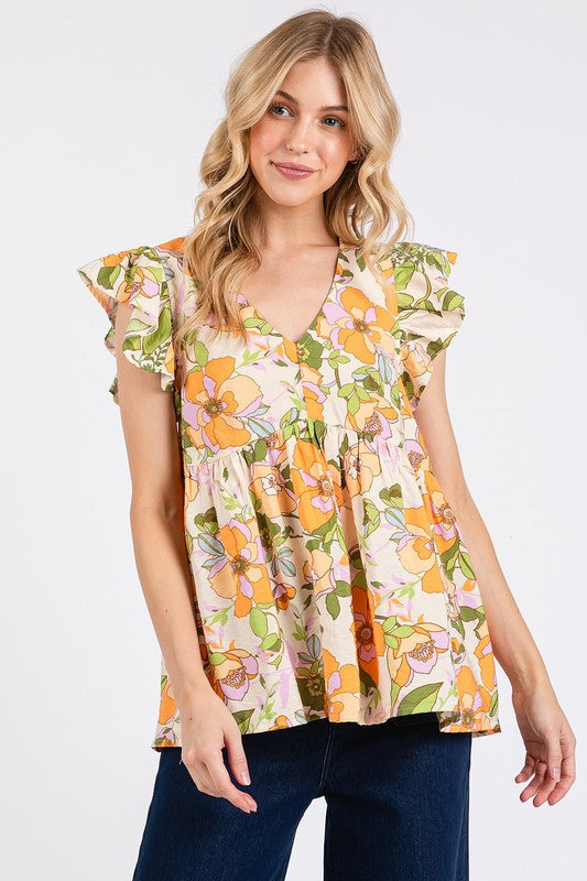 Mittoshop Floral V-Neck Ruffled Cap Sleeve Blouse - Whispering Desires Shoppe