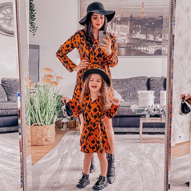Children's Clothing Parent-Child Clothing Ins Style Children's Clothing Girl's Lace Up Pop Leopard Print Dress Women's Clothing eprolo