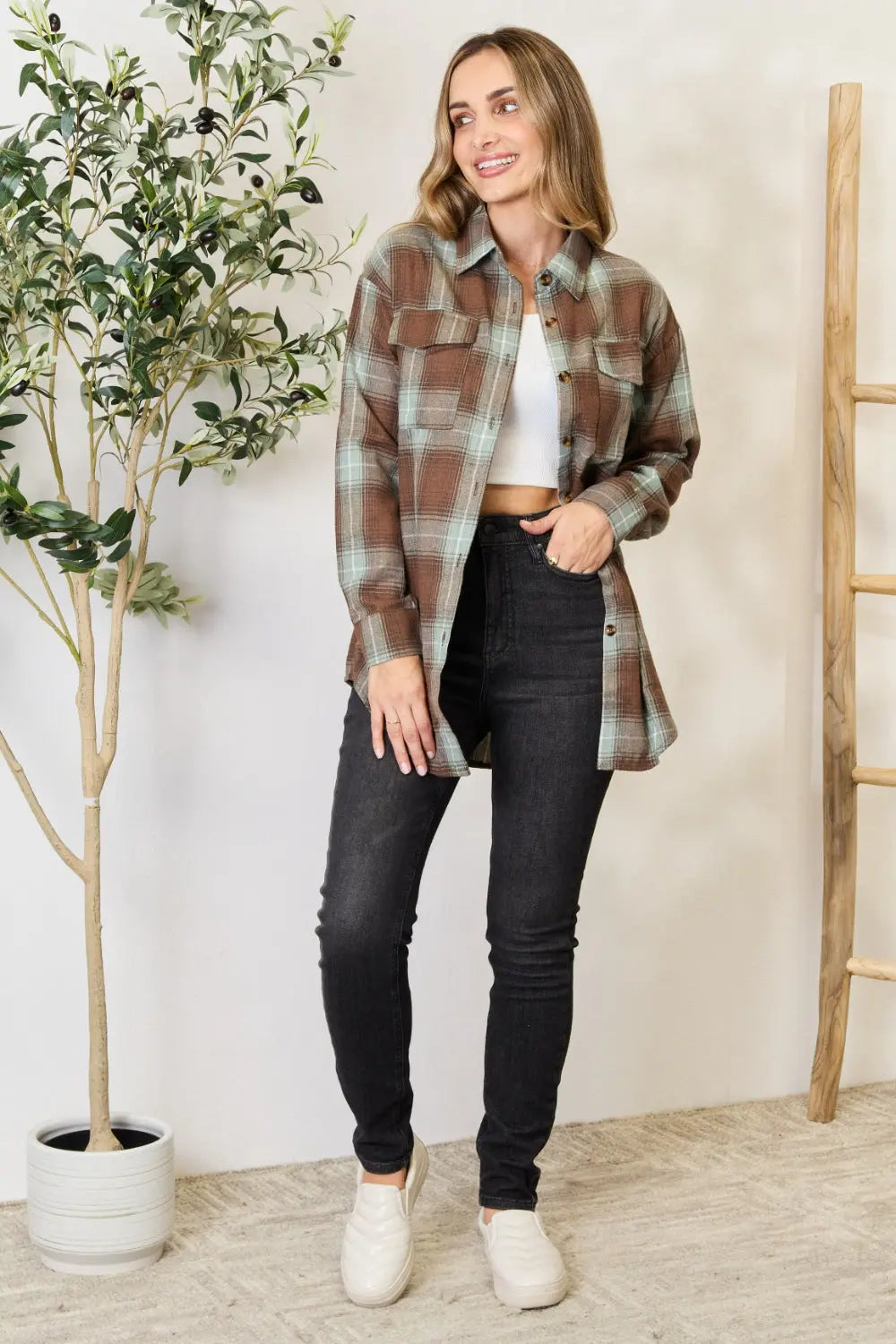 Mandy Plaid Dropped-Shoulder Shirt — Relaxed Layering Top - Whispering Desires Shoppe