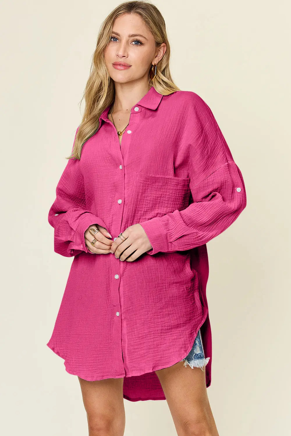 Double Take Textured Cotton Button-Up Shirt - Whispering Desires Shoppe