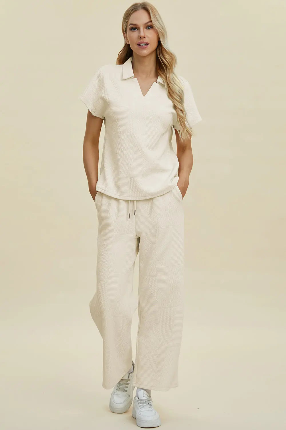 Double Take Collared Two-Piece Top & Wide-Leg Pants - Whispering Desires Shoppe