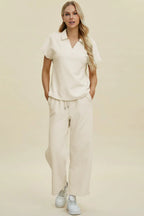 Double Take Collared Two-Piece Top & Wide-Leg Pants - Whispering Desires Shoppe