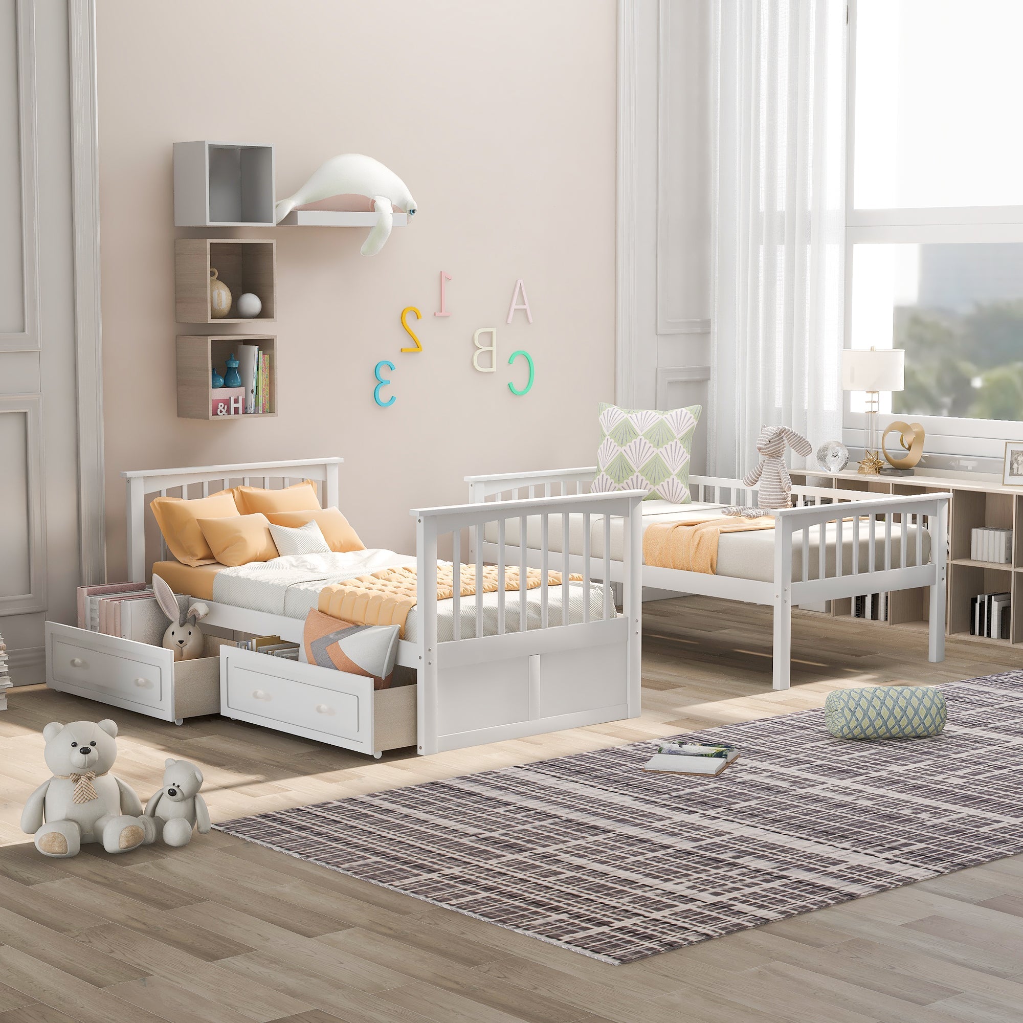 Twin over Twin Bunk Bed with Drawers  Convertible Beds  White eprolo