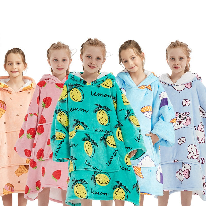 Kids Unisex Winter Warm Double Layers Sherpa Fleece TV Pocket Hoodies Blanket Hoodie Snuggle with Sleeves eprolo