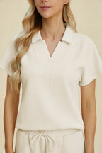 Double Take Collared Two-Piece Top & Wide-Leg Pants - Whispering Desires Shoppe
