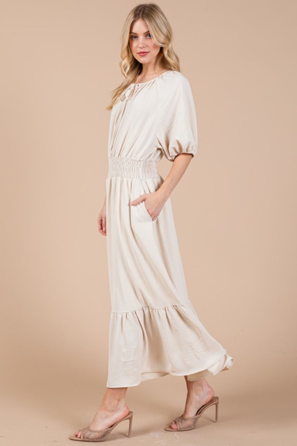 Ces Femme Smocked Elastic Waist Tie Neck Puff Sleeve Dress - Whispering Desires Shoppe
