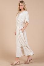 Ces Femme Smocked Elastic Waist Tie Neck Puff Sleeve Dress - Whispering Desires Shoppe