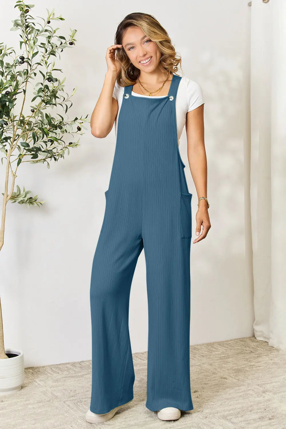 Double Take Wide-Strap Ribbed Overall with Pockets - Whispering Desires Shoppe