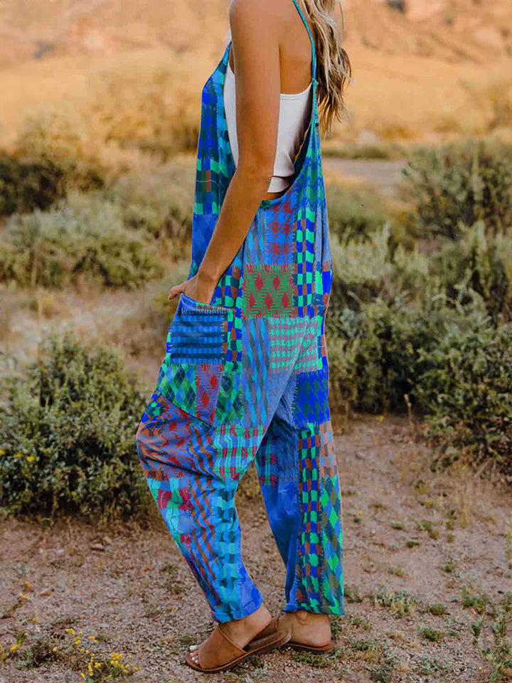 Full-Size Printed V-Neck Sleeveless Jumpsuit with Pockets - Whispering Desires Shoppe