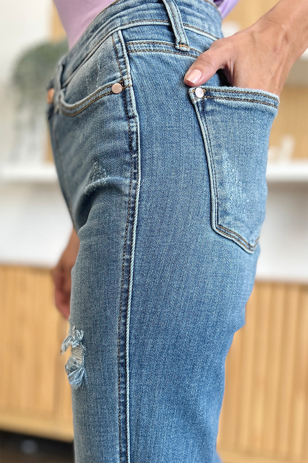 Judy Blue Distressed Raw-Hem Bootcut Jeans - Whispering Desires Shoppe