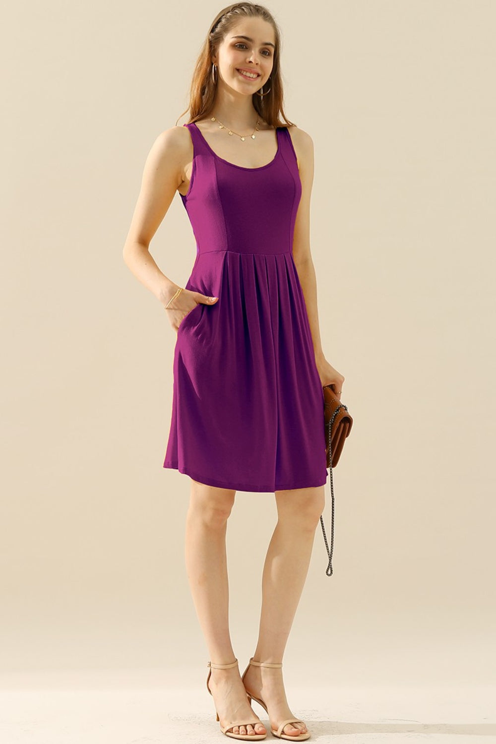 Doublju Ruched Round-Neck Sleeveless Dress w/ Pockets - Whispering Desires Shoppe