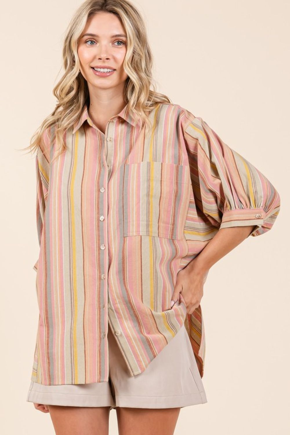Mittoshop Striped Bubble Sleeve Button Down Shirt - Whispering Desires Shoppe